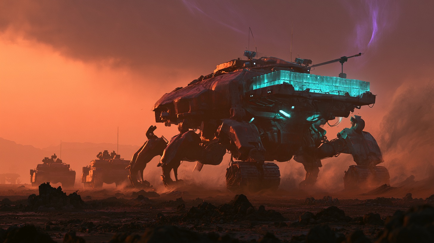 A beetle-backed Hauler with a glowing teal cargo bed leads a convoy across the basalt flats, tanks in escort