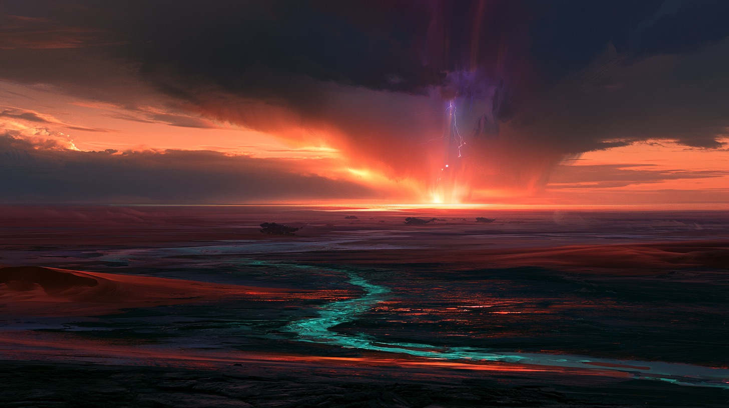 Cinder Reach: a black basalt plain split by a glowing teal ferrite vein, under an amber and violet storm front