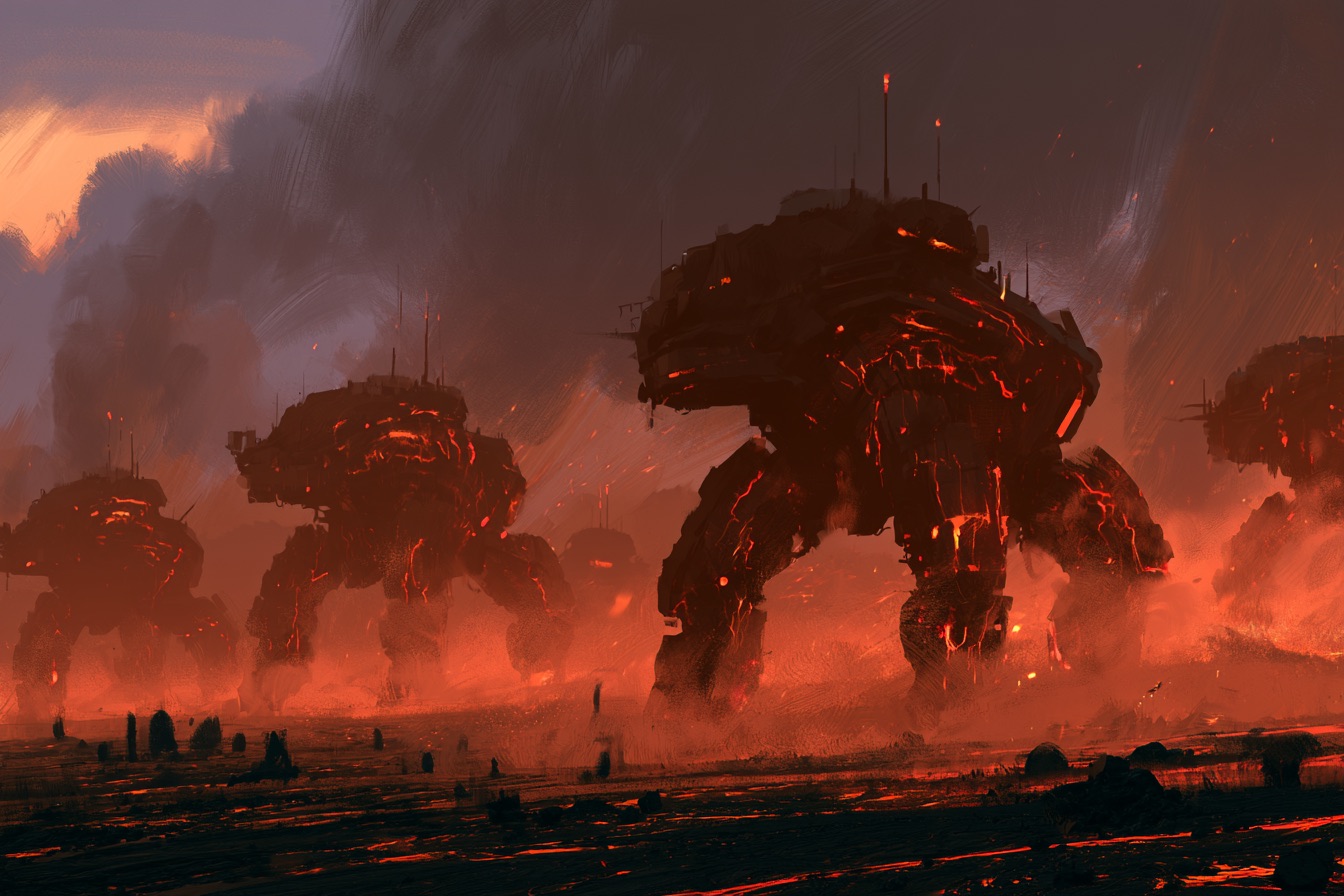 Asymmetric rust-red Rubric of Embers machines with glowing ember seams marching through storm dust