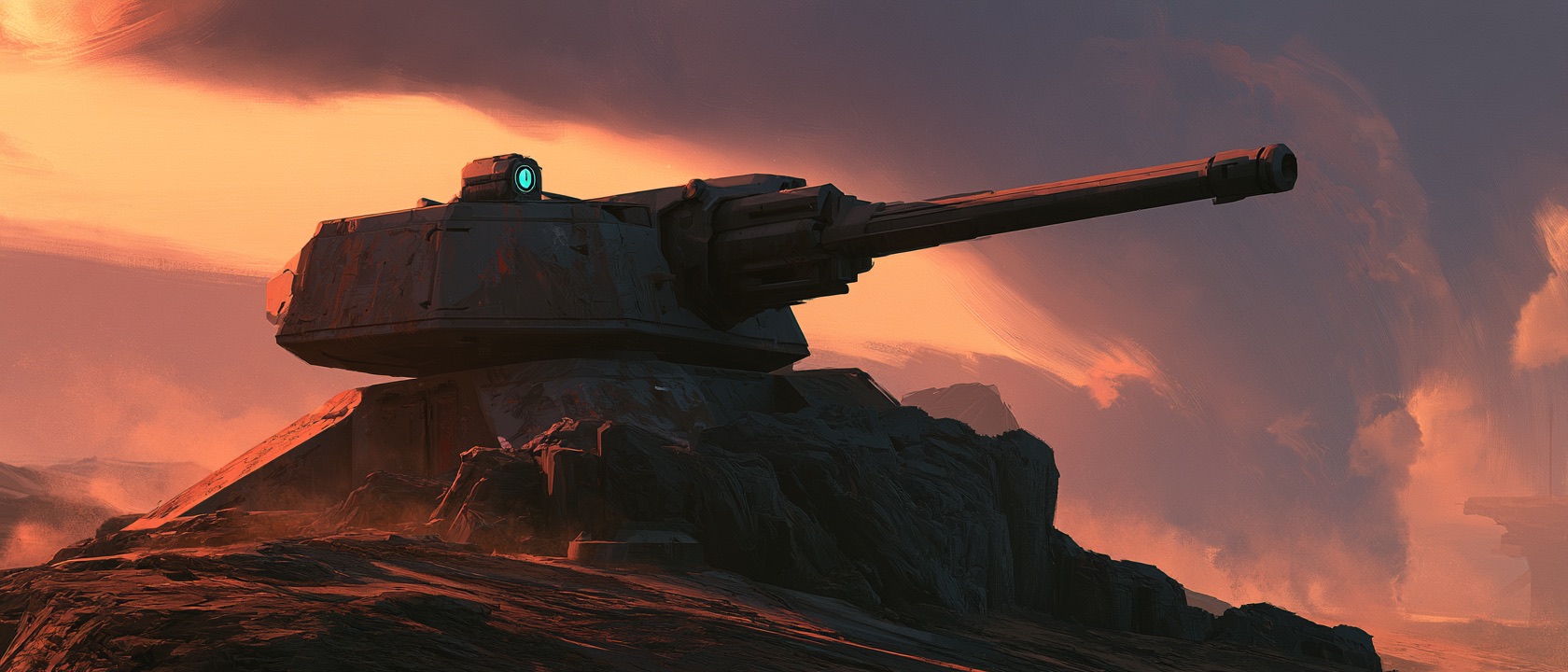 A Sentry Post turret anchored in basalt rock, standing watch against the storm