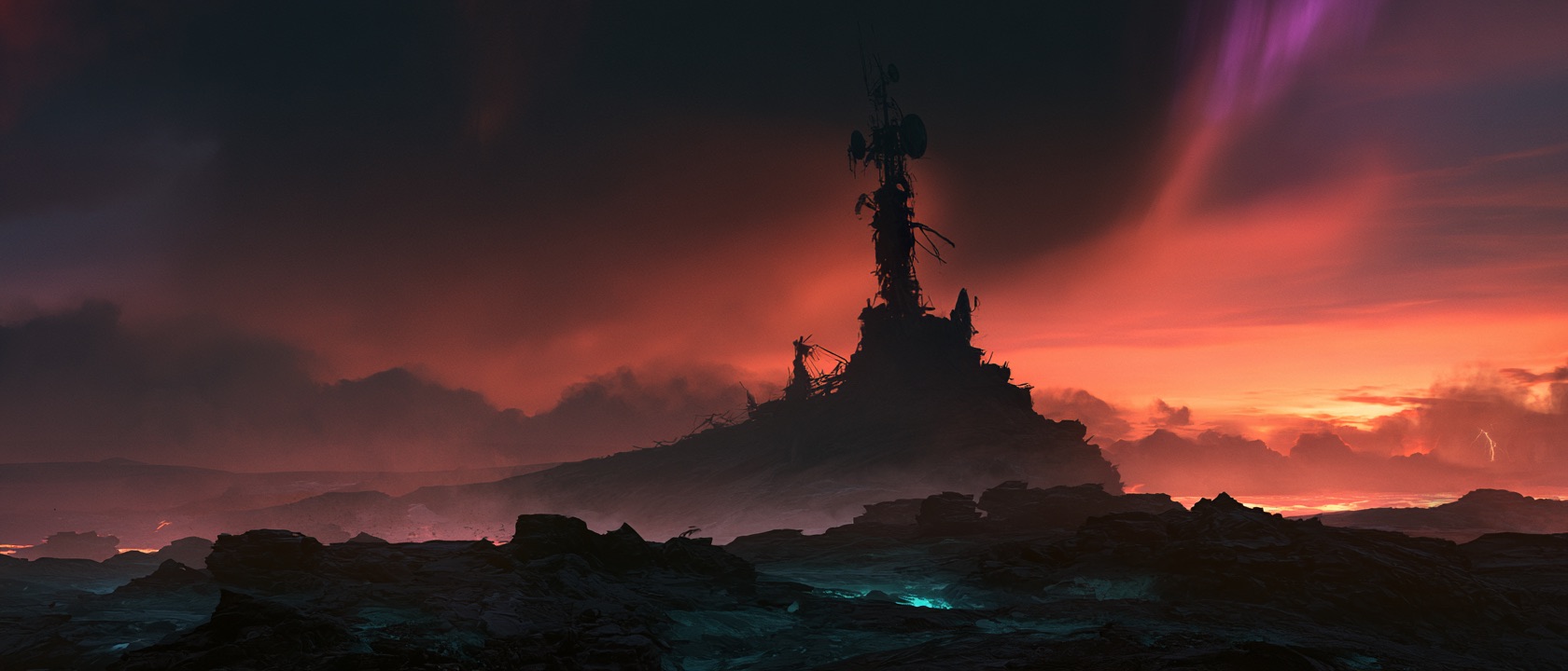 A dead communications mast on a basalt ridge under the storm: no uplink, nothing transmitted